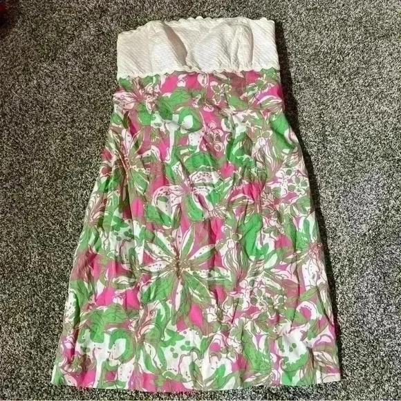 Lilly Pulitzer Strapless Dress Size 4 Tie Back Floral White Green Pink - Picture 1 of 11